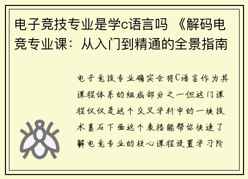 电子竞技专业是学c语言吗 《解码电竞专业课：从入门到精通的全景指南》