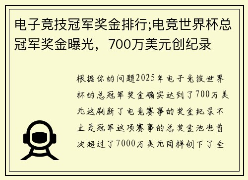 电子竞技冠军奖金排行;电竞世界杯总冠军奖金曝光，700万美元创纪录